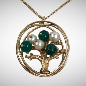 VTG Pearl & Green Jade Tree of Life 12K Yellow Gold Necklace